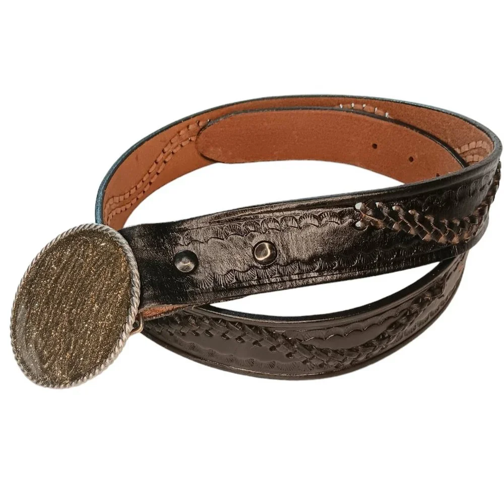 Black Leather Belt Woven Detail Scallop Design Gold Silver Sparkle Buckle